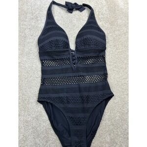 Becca Crochet One Piece Swimsuit M Black Lace Up Halter Boho Festival Summer